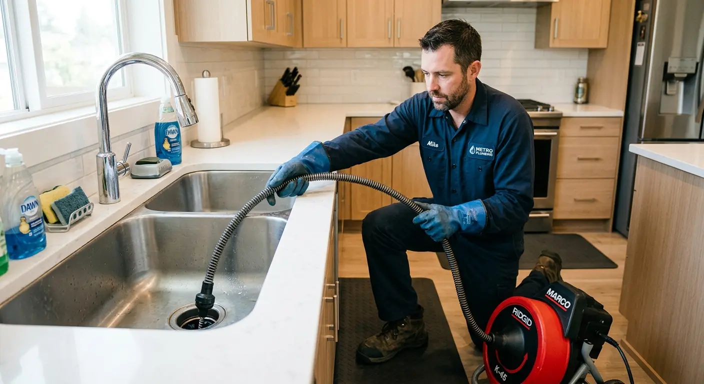 Drain cleaning technician using a motorized snake on a kitchen sink in Orosi