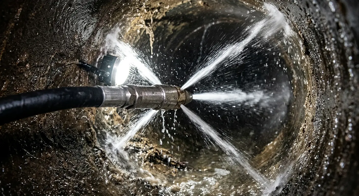 High-pressure hydro jetting nozzle cleaning sewer pipe for Sewer Cleanout in Orosi