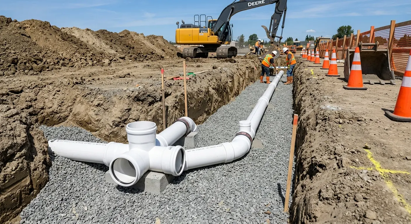 New PVC sewer pipe installation in open trench for Commercial Drain Cleaning in Orosi