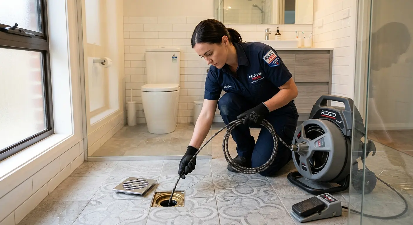 Technician clearing a bathroom floor drain for Sewer Line Replacement in Orosi